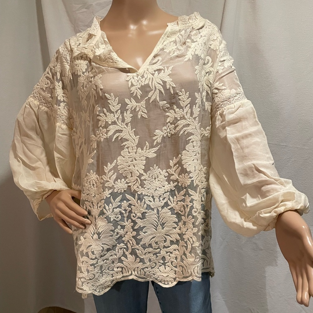 Sundance Cream Floral Embroidered Silk V-Neck Blouse